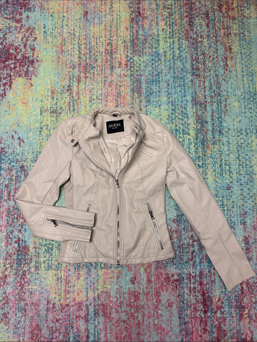 GUESS Light Beige Faux Leather Moto Jacket